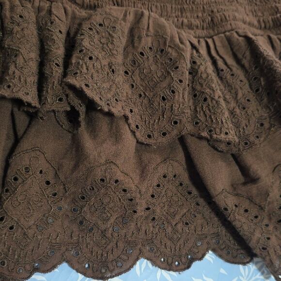 AE Womens Sz M Brown Feminine Square Neck Long-Sleeve Smocked Midriff Tiered Top - Picture 11 of 11